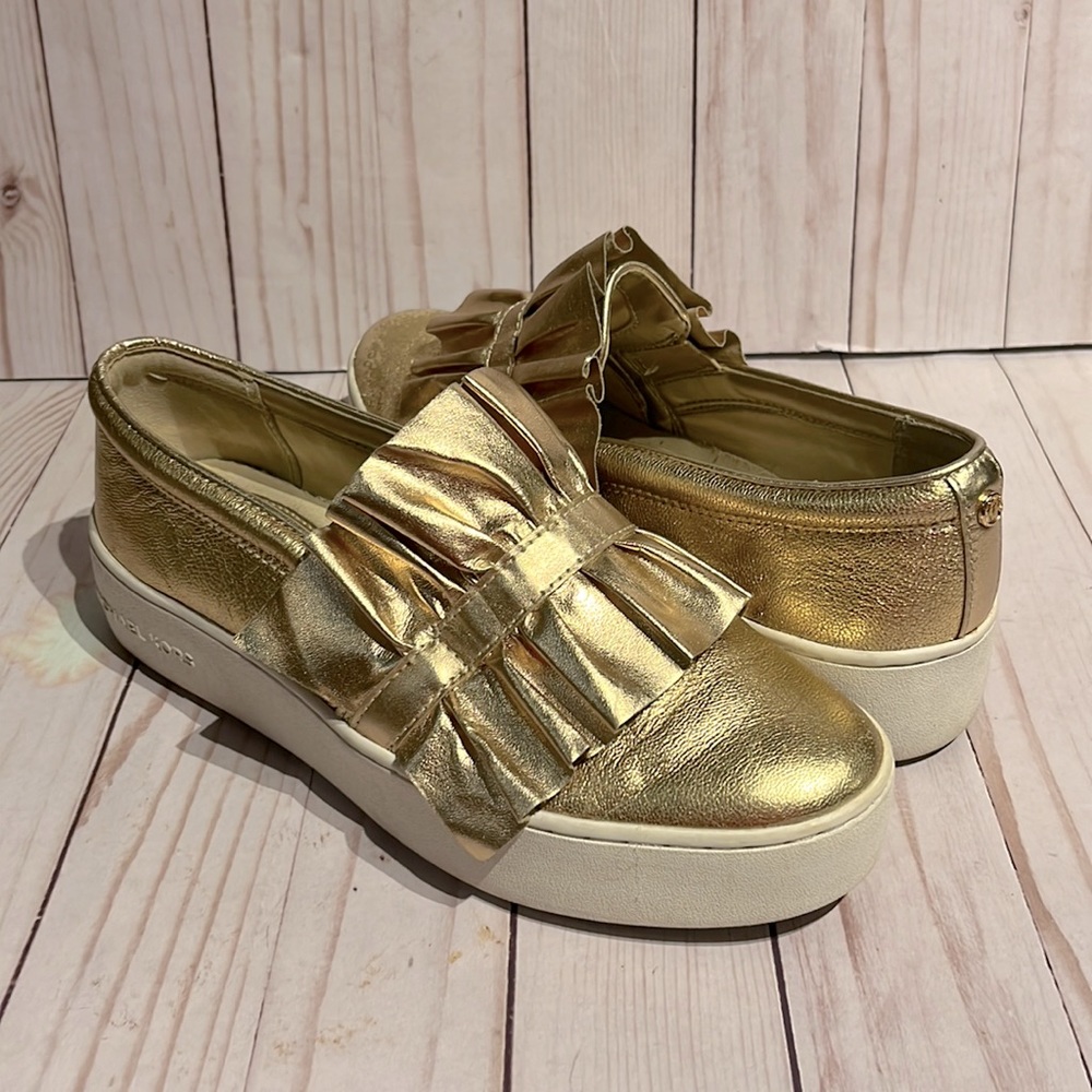 Michael Michael Kors Gold Toned Leather Platform Slide Tennis Sneakers Size 7.5